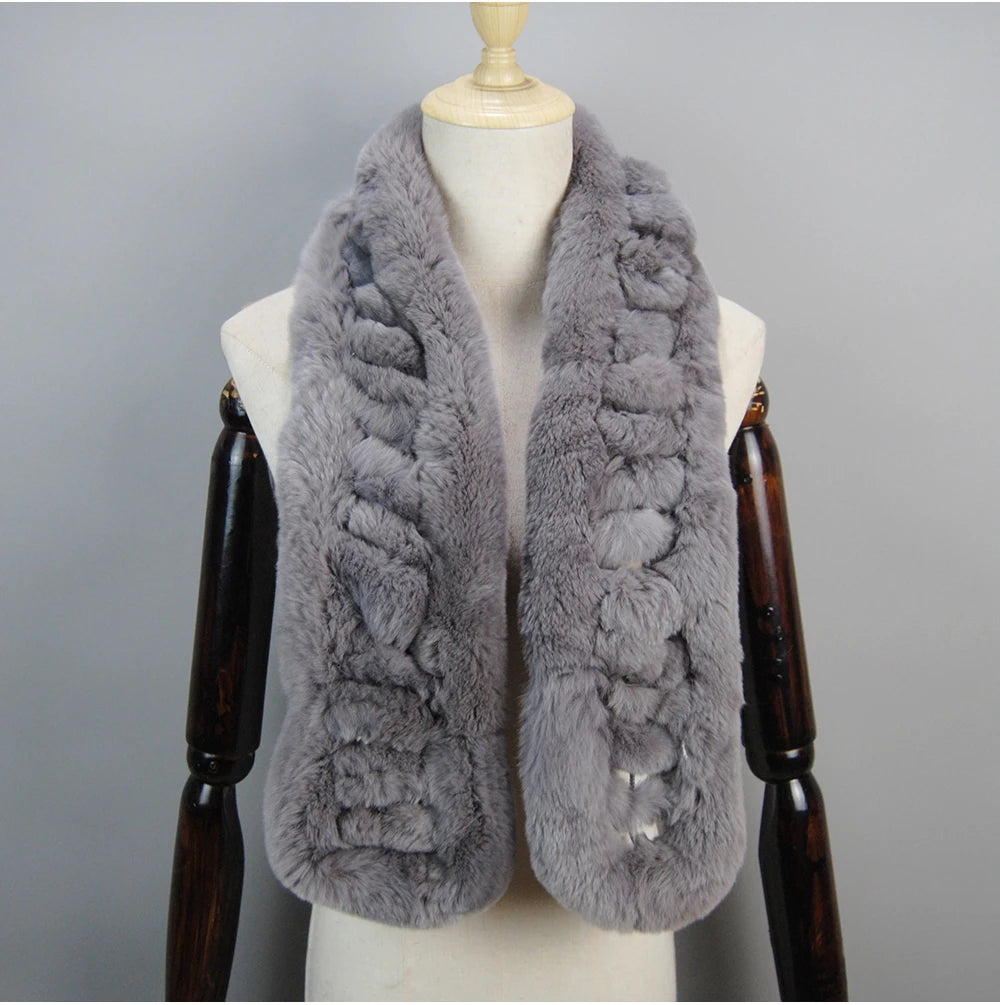 Winter Women Knitted Real Rex Rabbit Fur Scarf Natural Soft Long Style Rex Rabbit Fur Muffler Lady Warm 100% Genuine Fur Scarves