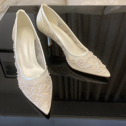 Pointed Toe Mesh Embroider High Heels for ladies Elegant String Bead pumps Sexy Luxury Designer Shoe Party Wedding Heeled Sandal