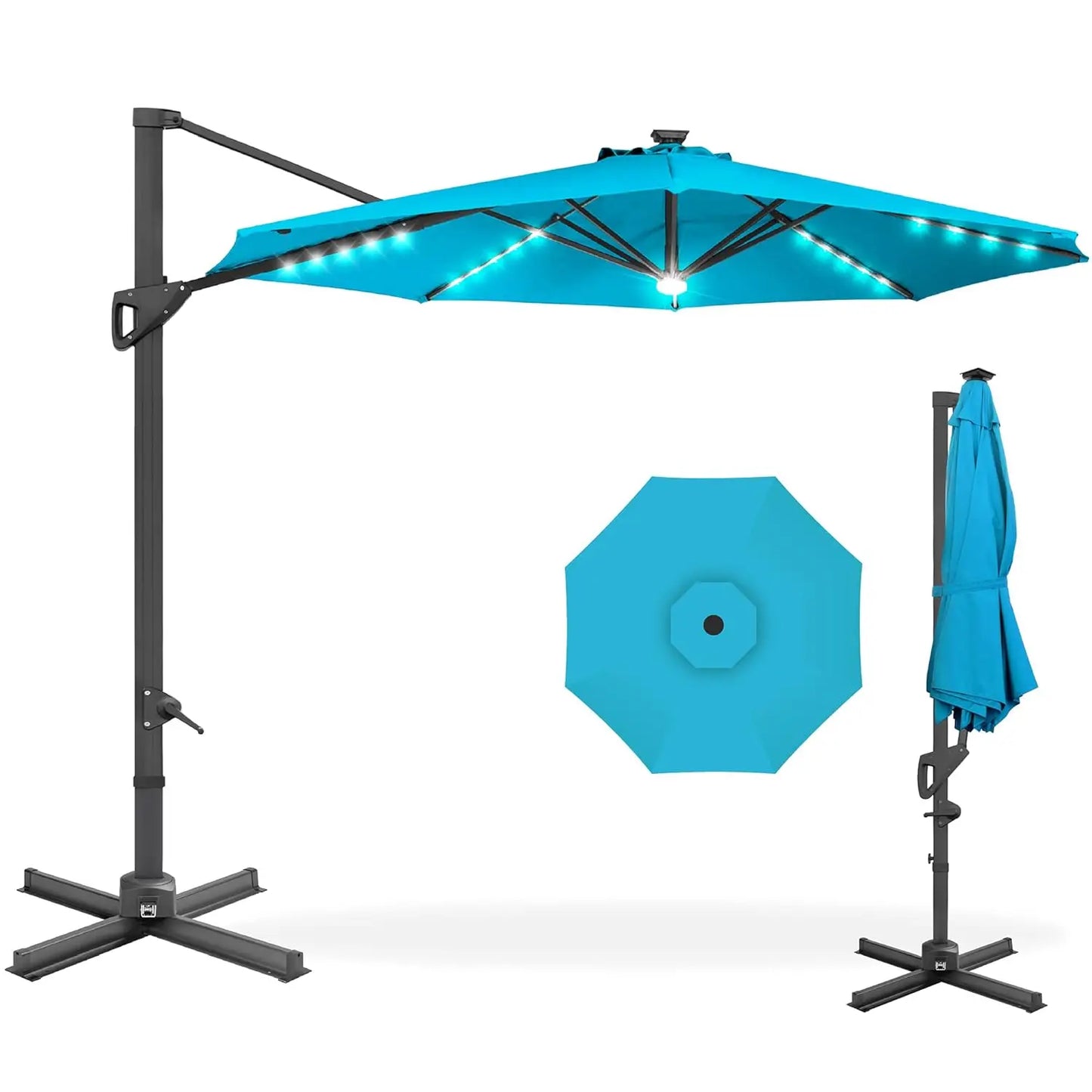 10ft Solar LED Cantilever Patio Umbrella, 360-Degree Rotation Hanging Offset Market Outdoor Sun Shade for Backyard,, Customized