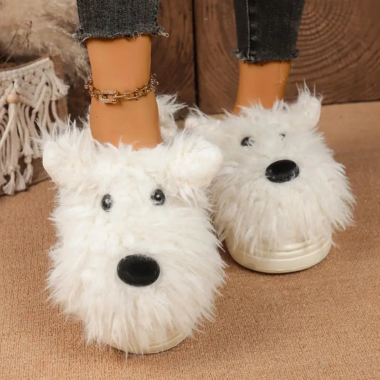 Cartoon Puppy Fluffy Fur Indoor Slippers Women 2025 Winter Thick Bottom Furry Mules Slippers Warm Plush Home Slides for Womon