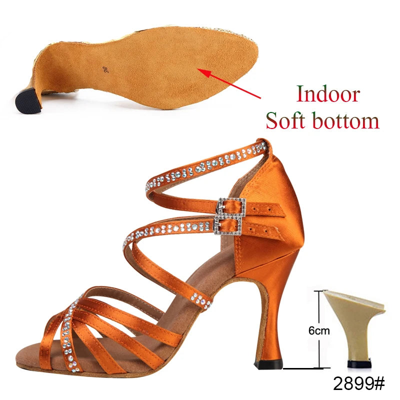 New Latin Dance Shoes Salsa Tango Ballroom Party Women's Shoes High Heeled Rhinestones Bronze Blue Girls Summer Sandals Outdoor
