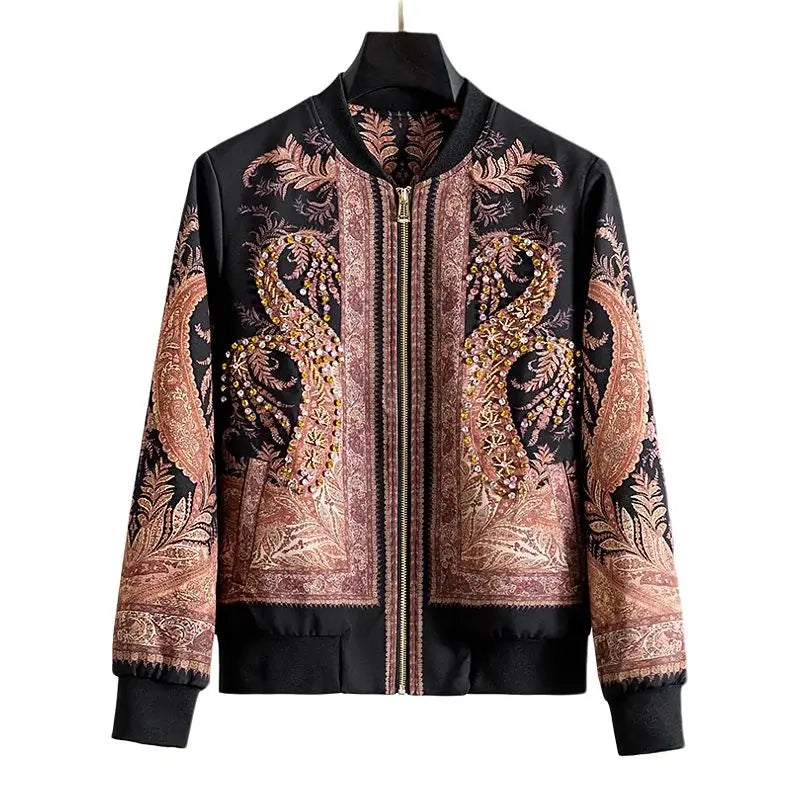 Luxury Rhinestone Stand Collar Bomber Jacket for Women, Vintage European Style Loose Fit Zip up Long Sleeve Spring Autumn Coat
