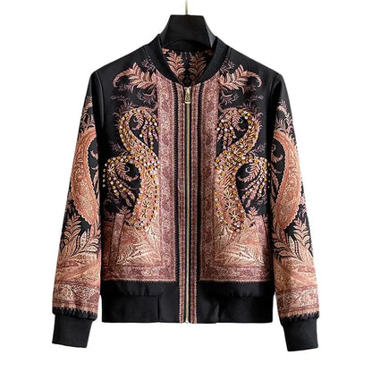 Luxury Rhinestone Stand Collar Bomber Jacket for Women, Vintage European Style Loose Fit Zip up Long Sleeve Spring Autumn Coat