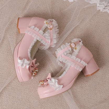 Cross Strap Women High Heels Mary Jane Pumps Party Wedding Cosplay White Pink Black Strawberry Bow Princess Cosplay Lolita Shoes