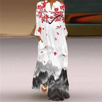 2024 European and American Cross border Women's New Dress V-neck Long sleeved Sexy Printed Large Pocket Foreign Trade Dress
