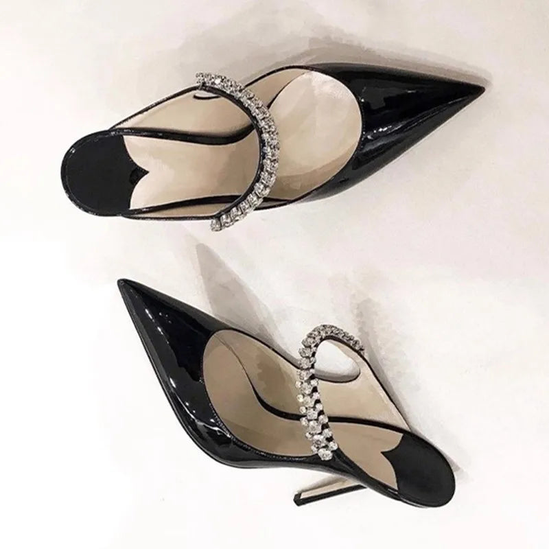 2025 New Fashionable Fine Heeled Muller Shoes with Pointed Water Diamond Chain Banquet Shallow Mouth Women's High Heel Sandals