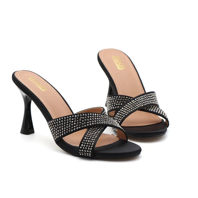 Rhinestone Slippers For Woman 2025 New Elegant Party Shoes Summer Thin High Heeled Slides Fashion Women Sandals Zapatos Mujer