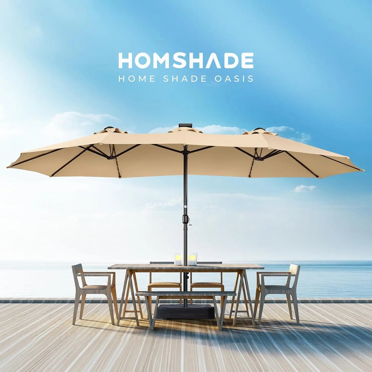Double Sided Patio Umbrellas - 15ft Solar Lights LED Lighted Outdoor Extra Large Market Table Umbrella with Base, Customized