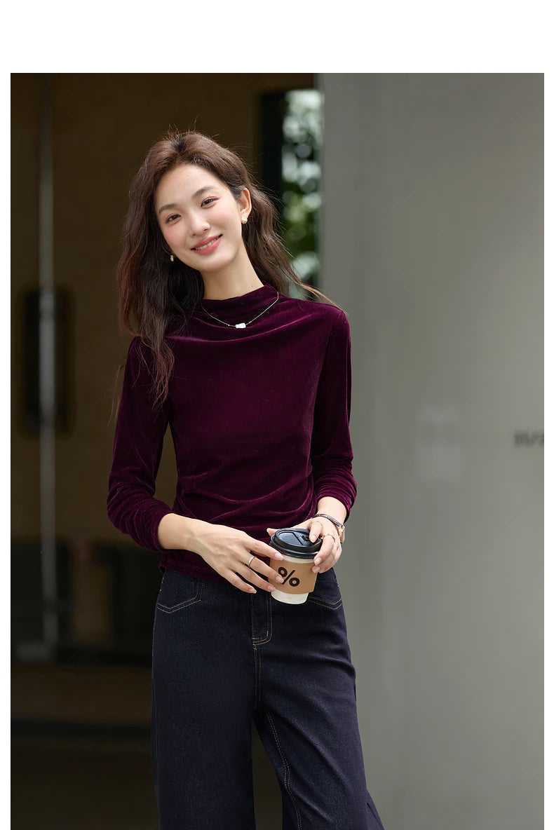 VIMLY Women's Red Velvet T-shirt Casual Knitted Slim Fit Tops Winter 2026 Vintage Mock Neck Folds Long Sleeve Ladies Tees A3305