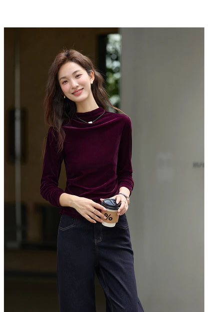 VIMLY Women's Red Velvet T-shirt Casual Knitted Slim Fit Tops Winter 2026 Vintage Mock Neck Folds Long Sleeve Ladies Tees A3305