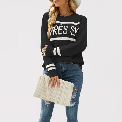 Women's Autumn and Winter New Crew-neck Monogram Jacquard Patchwork Pullover Sweater, Fashion Casual Spell Color Knit Sweater