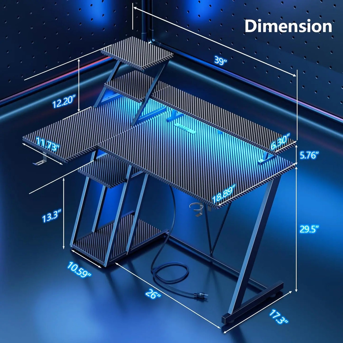 39 Inch Gaming Desk with LED Lights & Power Outlet, Small Gaming Computer Desk with Storage Shelves, L Shaped Gamer, Customized