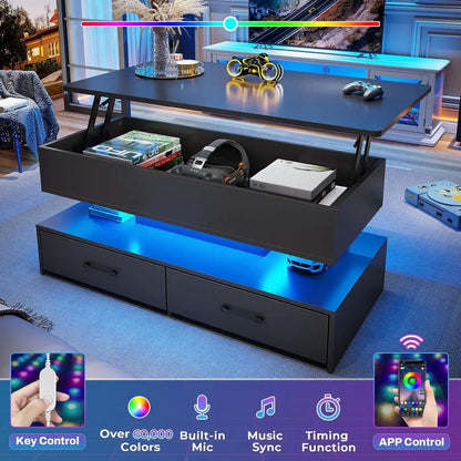 40in LED-Illuminated Coffee Table with Storage for Living Room, Compact with 2 Drawers, Black