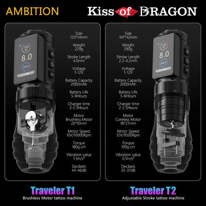 Ambition Wireless Tattoo Machine Traveler-T1 Straight Rod Direct Drive and Traveler-T2 Adjustable Stroke 2.4-4.2mm Battery Pen