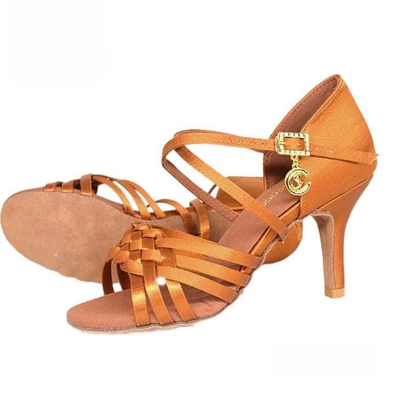 SW Latin Dance Premium Elegant Professional Women's Medium High Heel Soft Sole Ballroom Competition Dance Shoes for Practice
