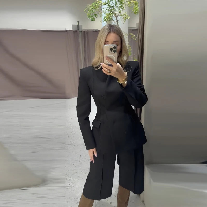 Elegant Solid Women's Blazer Trouser Suits Lapel Single-Breasted Wide Leg Pants Lady Set 2026 Spring 2 Pieces Set Women