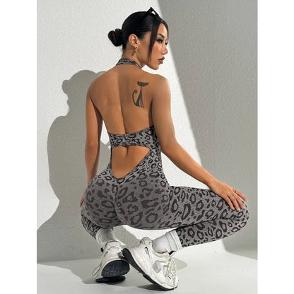 Seamless Leopard Print Jumpsuit Women's Tight Fitting Hanging Neck Jumpsuit Hip Lifting and Sexy Shaping Fitness Yoga Outfit