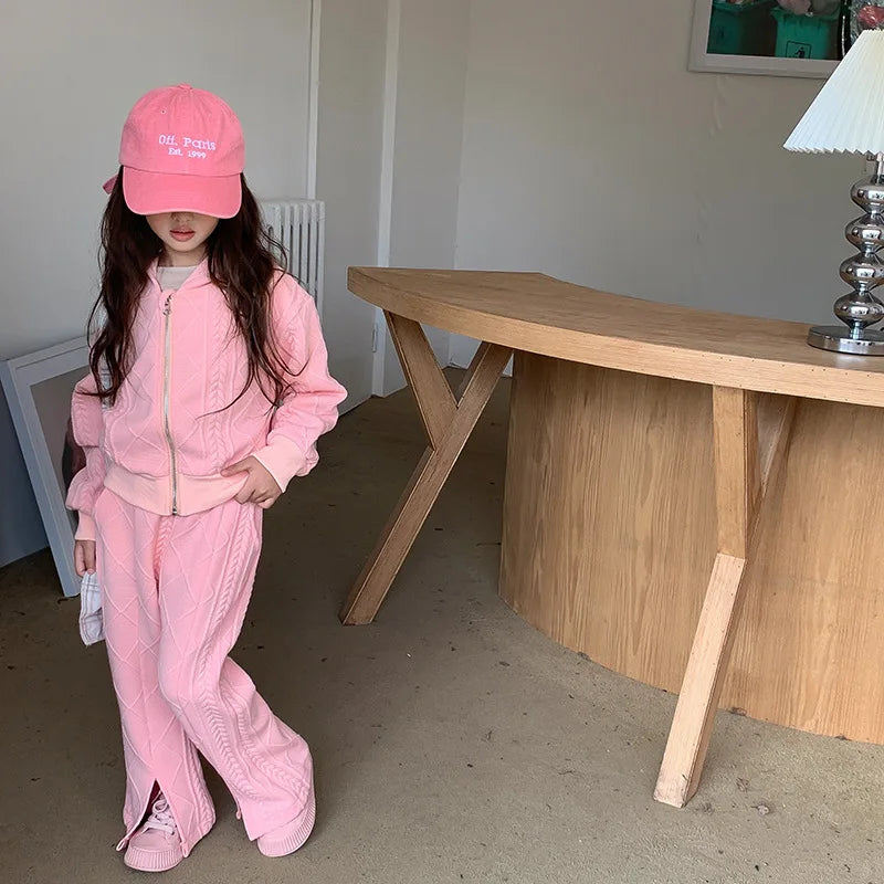 Flared Pants Childrens Set Girls Autumn New Korean Short Knitting Long Sleeved Tops Forking Two Piece Tide Hooded