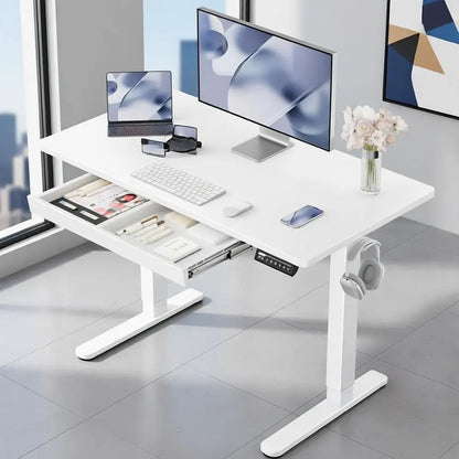 44 Adjustable Height Standing Desk with Storage, 4 Memory Settings, White for Home Office & Computer Work