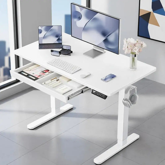 44 Adjustable Height Standing Desk with Storage, 4 Memory Settings, White for Home Office & Computer Work