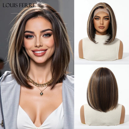13*6 HD Transparent Lace Front Wigs Natural Hairline Short Straight Synthetic Wigs For Women Daily Party Brown Mixed Blonde Wigs