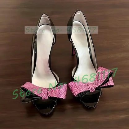 Pink Crystal Bow Peep Toe Pumps Women Luxury Rhinestone High Heel Party Shoes Ladies Elegant Summer Black Patent Leather Pumps