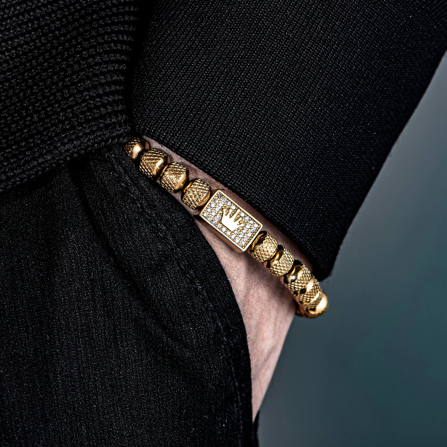 [Micro-Set Bead Bracelet] Luxury Micro-Set Square Crown Bead Adjustable Size Men's Gorgeous Braided Bracelet