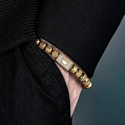 [Micro-Set Bead Bracelet] Luxury Micro-Set Square Crown Bead Adjustable Size Men's Gorgeous Braided Bracelet