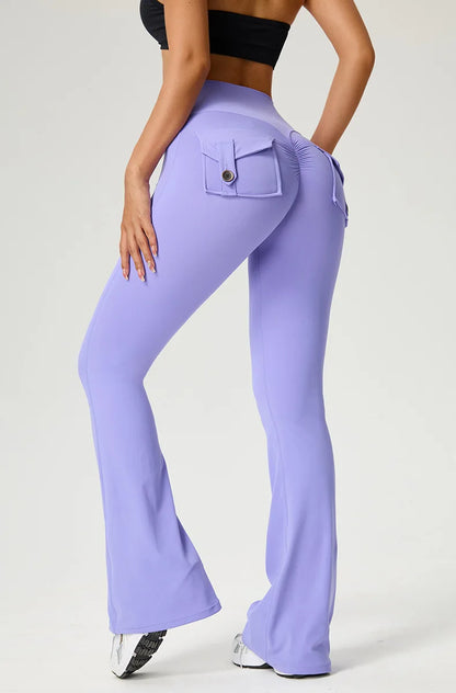 Women's Flared Pants Yoga Leggings Bell-bottoms Tight Elastic Breathable Sports Pants Back Waist Pockets Womens Clothing