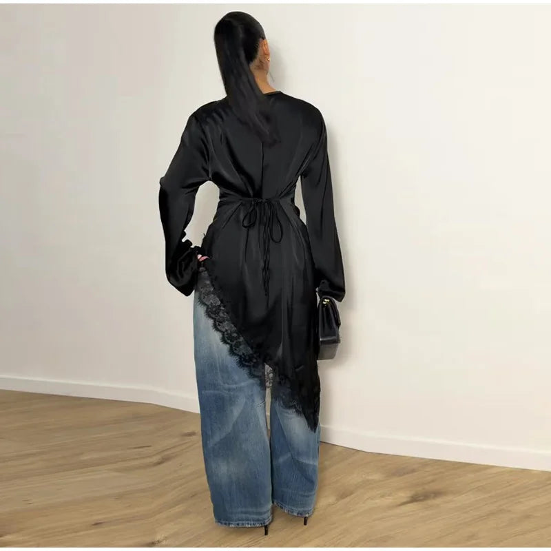 Tie Up Lace Women's Top Sexy O-neck Patchwork Irregular Full Sleeves Blouse Female 2026 Spring Fashion All Match Woman Shirts