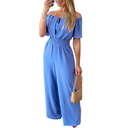 Summer New Women Sexy One Line Shoulder Solid Color Short Sleeve Jumpsuit Slim Elastic Waist Loose Straight Female Long Jumpsuit