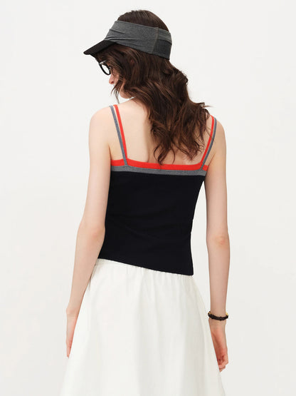 FSLE 2026 Summer Women Color Block Contrast Trim Cami Top, Navy Slim Fit Cropped Vest for Y2K Daily Layering Style Chic Hot Girl