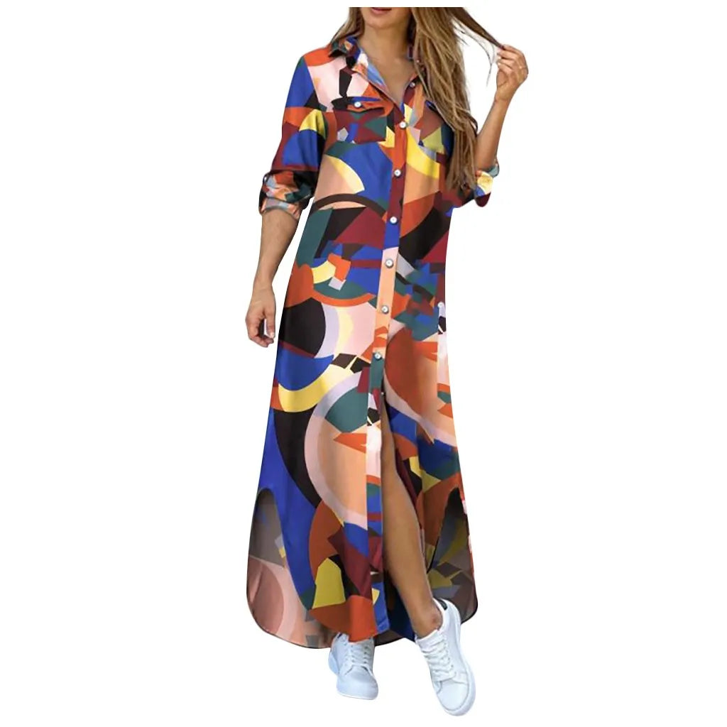 New Autumn Long Dress Long Sleeve Shirt Dress Women Denim Long Dresses Pocket Button Shirt Print Dress Casual Loose Dresses 2023