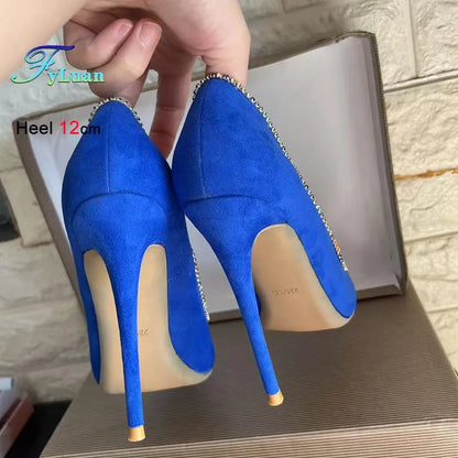 New Style Fashion Women Pumps Blues Suede Rhinestone Shallow Mouth High Heels Single Shoes Pointy Toe Stiletto Party Lady Shoes