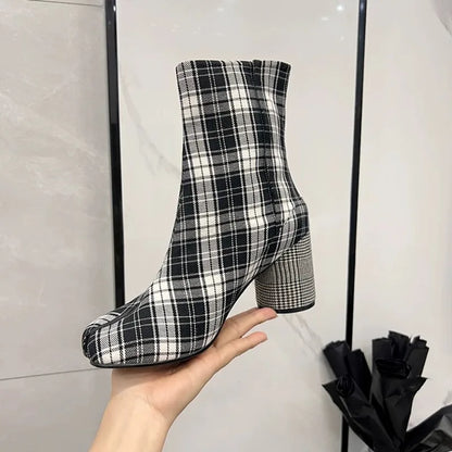 2025 Luxury Brand Designer Split Toe Ankle Boots New Fashion Chunky Round High Heels Women Boots Winter Plaid Boots