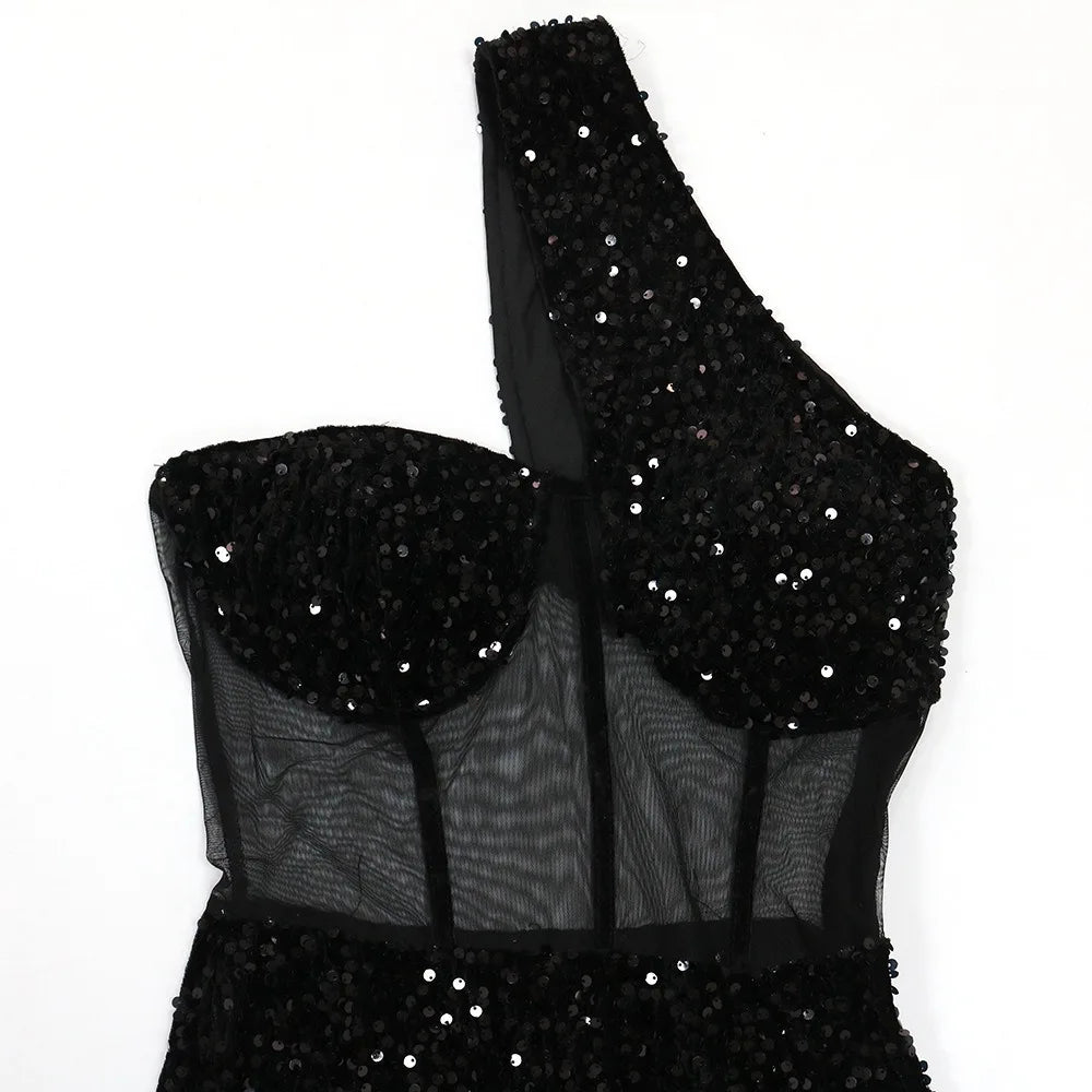HLJ Fashion Sequin Splicing Hollow One Shoulder Party Club Mini Dresses Women Sleeveless Backless Slim Vestidos Sexy Clothing
