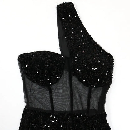 HLJ Fashion Sequin Splicing Hollow One Shoulder Party Club Mini Dresses Women Sleeveless Backless Slim Vestidos Sexy Clothing