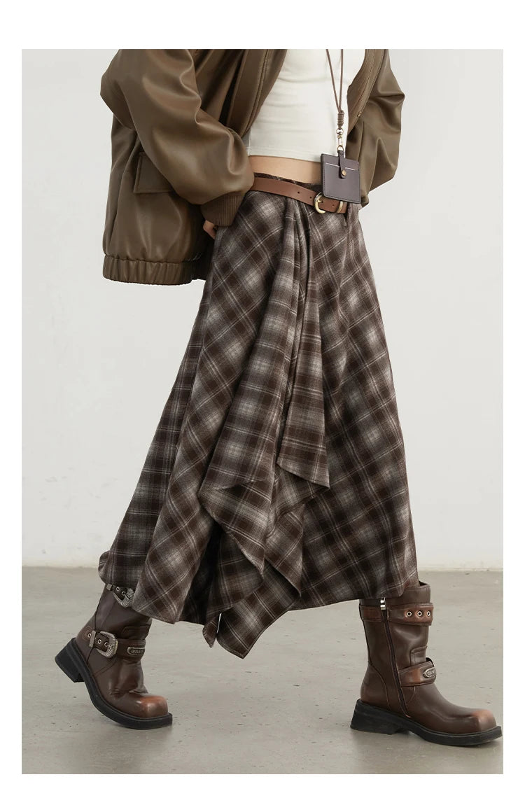 CHIC VEN Women Skirts A Line Retro Loose High Waist Irregular Color Plaid Frosted Half Body Long Ladies Skirt Autumn Winter 2026