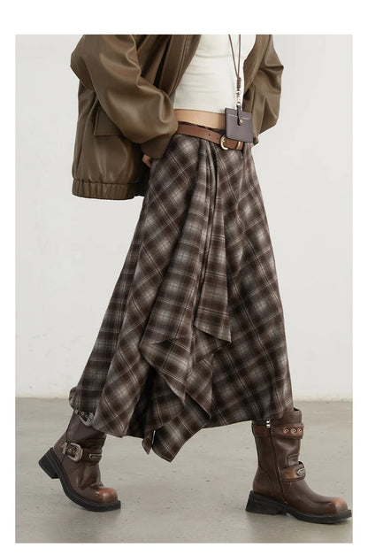 CHIC VEN Women Skirts A Line Retro Loose High Waist Irregular Color Plaid Frosted Half Body Long Ladies Skirt Autumn Winter 2026