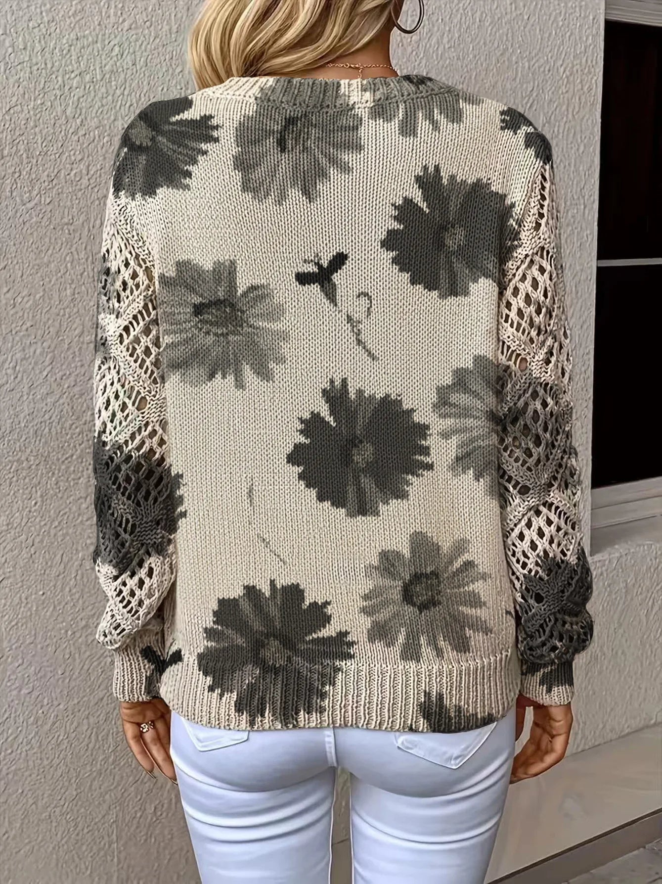 V-neck Fashionable Floral Print Cutout Sleeves Bohemian Pullover Sweater Ropa De Invierno Para Mujer Abbigliamento Donna Autunno
