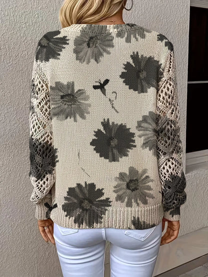 V-neck Fashionable Floral Print Cutout Sleeves Bohemian Pullover Sweater Ropa De Invierno Para Mujer Abbigliamento Donna Autunno