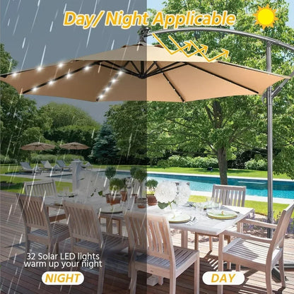 Solar Offset Umbrella with 10FT 32 LED Lights Cantilever Outdoor Umbrellas Handy Crank & Cross Base  for The Beach for Backyard