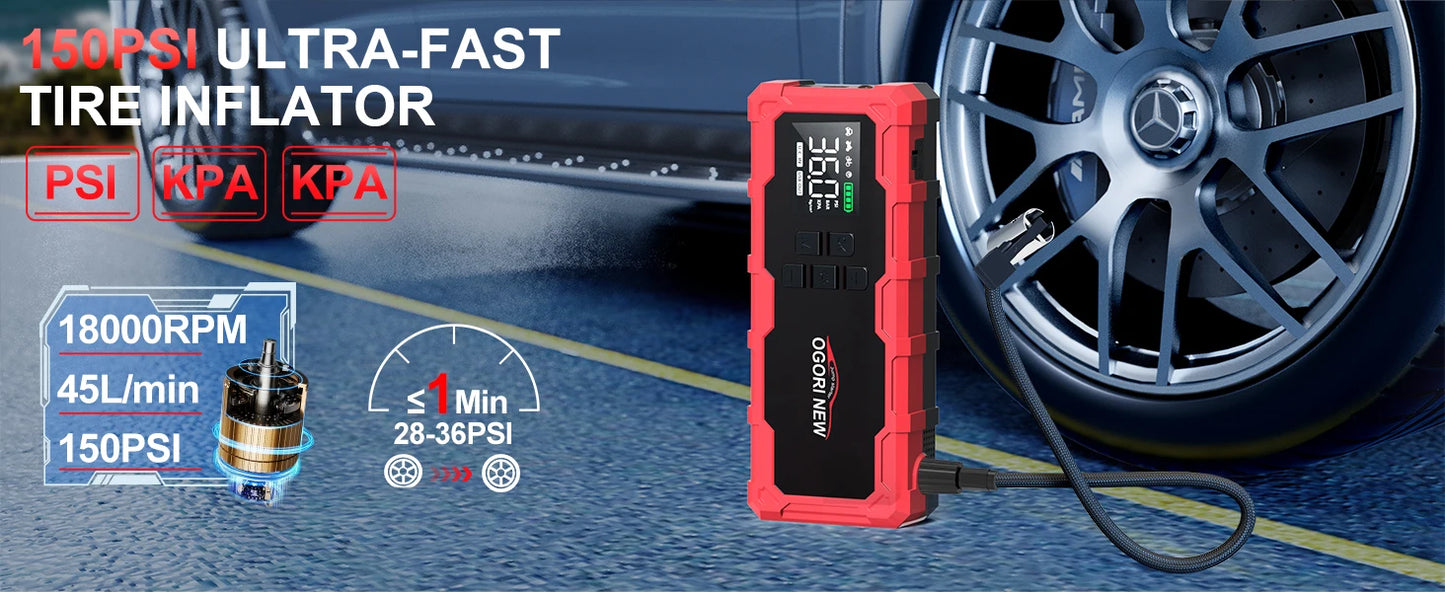 Jump Starter with Air Compressor 150PSI, 7000/8000A Portable Car Battery Booster (All Gas/16L Diesel)