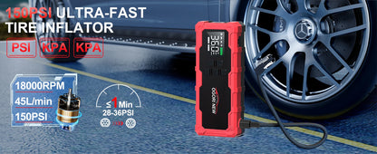Jump Starter with Air Compressor 150PSI, 7000/8000A Portable Car Battery Booster (All Gas/16L Diesel)