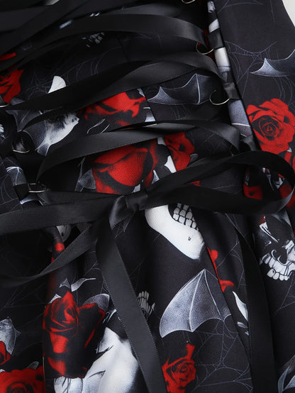European and American trend oversized ladies slimming shoulder strap zipper full print skull pattern dress