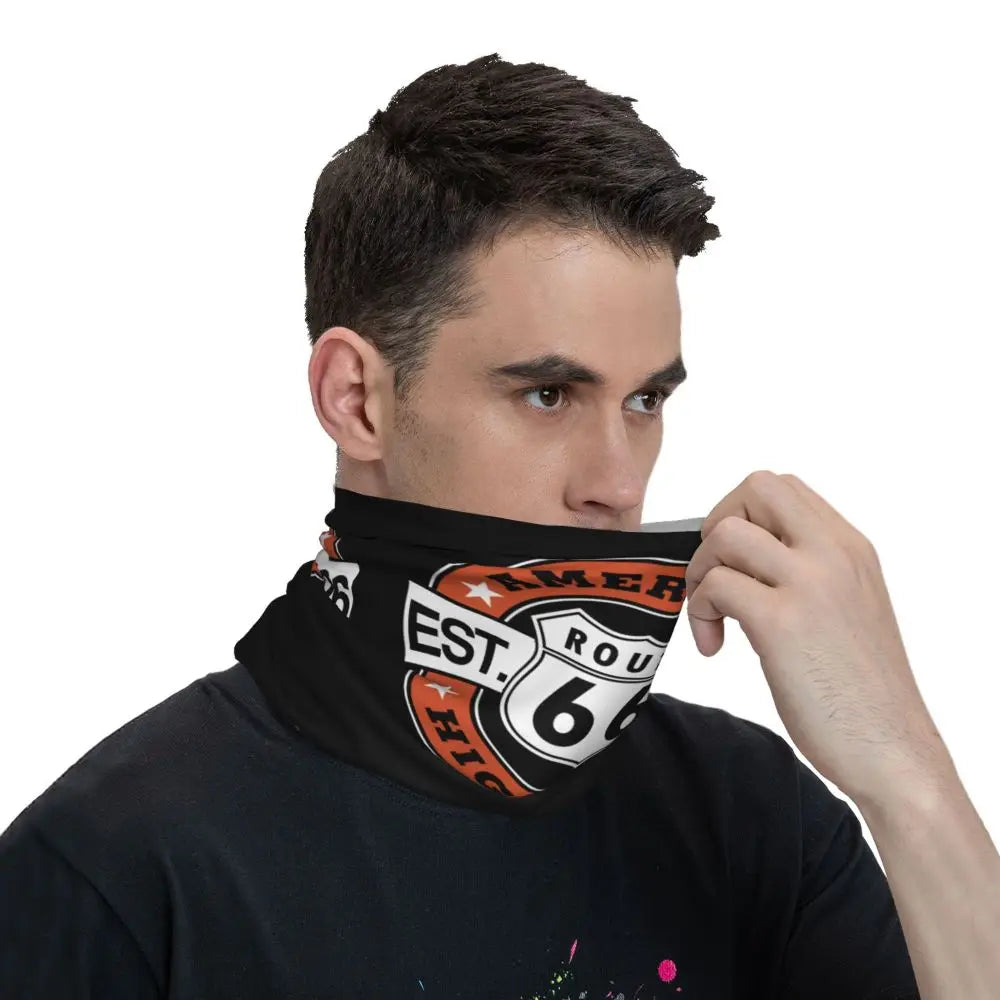 Custom Travel Motorcycle Ride Route 66 Bandana Winter Neck Warmer Windproof Wrap Face Scarf for Hiking Highways Gaiter Headband