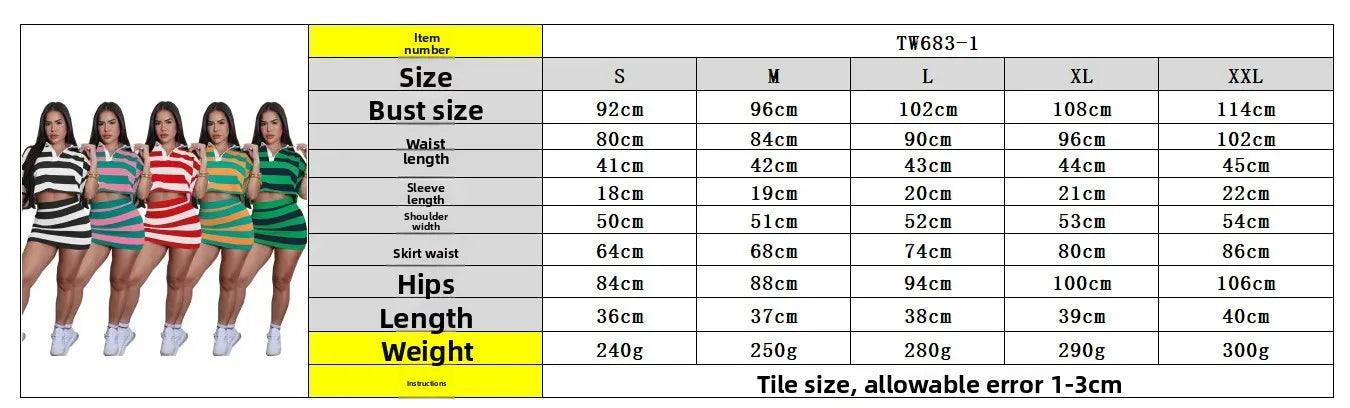 Fashionable Women's Stripe Color Block Shortie Set TW683-1 Bicolor Collar Crop Top with Skirt Polyester Fiber Knee-Length