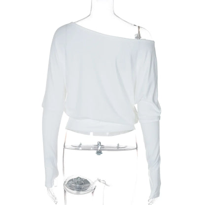 Sexy Elegant Long Sleeves Top Irregular One Shoulder Women Tops T Shirt Birthday Party Club Date Casual Office Clothes