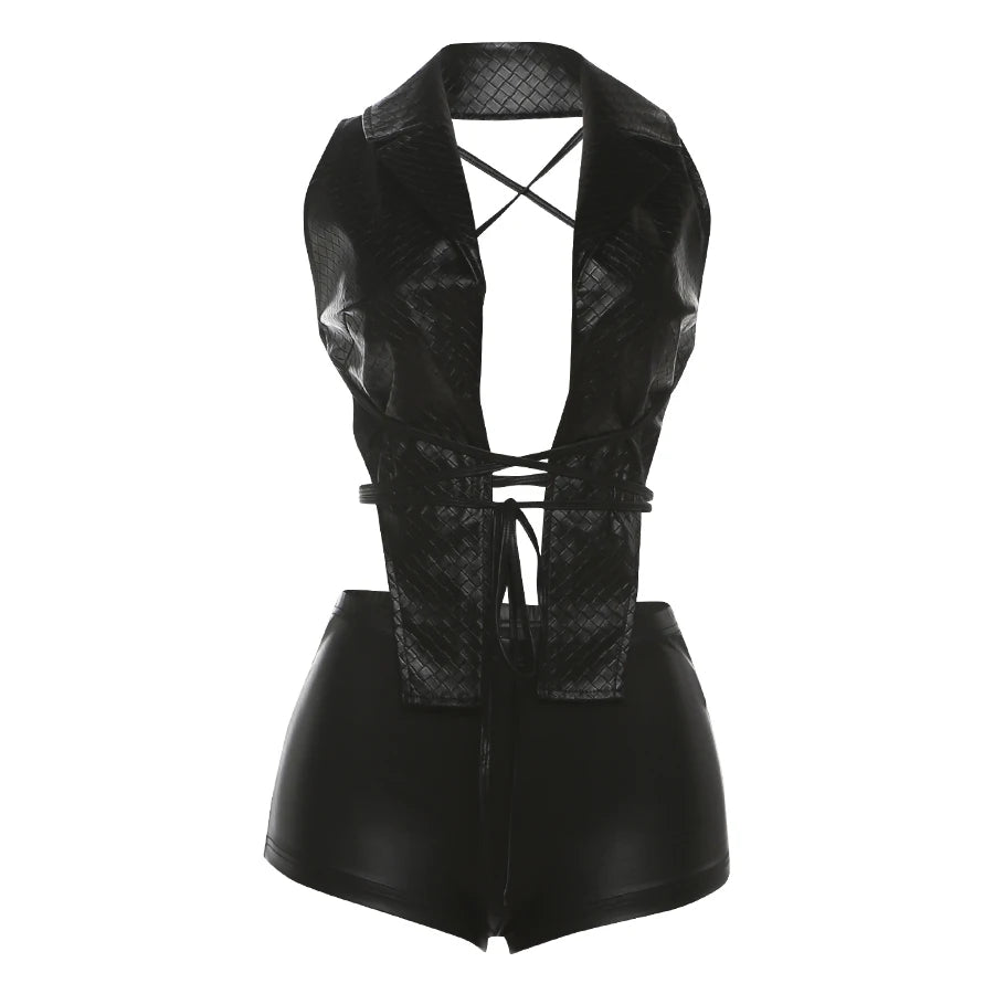 Sisterlinda Backless PU Bandage 2-Piece Set Women Hipster Low Chest Lapel Halter Tank Top+Shorts Sexy Street Midnight Clubwear