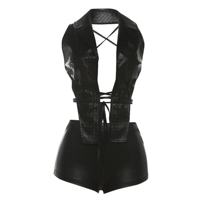 Sisterlinda Backless PU Bandage 2-Piece Set Women Hipster Low Chest Lapel Halter Tank Top+Shorts Sexy Street Midnight Clubwear